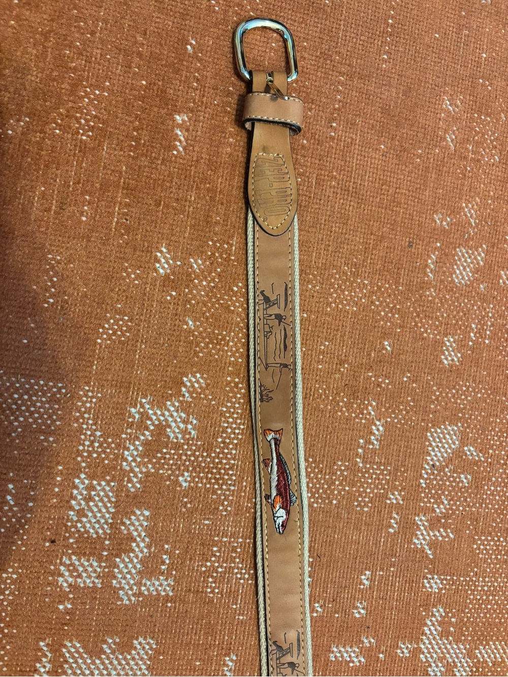 Fish Embroidered Tan Leather Belt with Polished Buckle